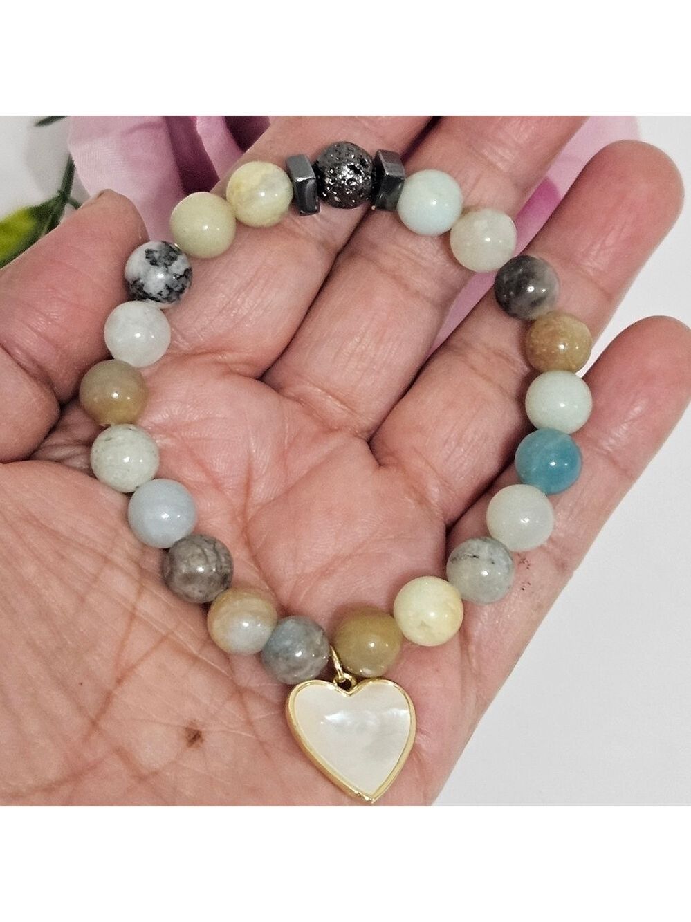 Handmade Amazonite Stone Stretch Bracelet Shell Heart
